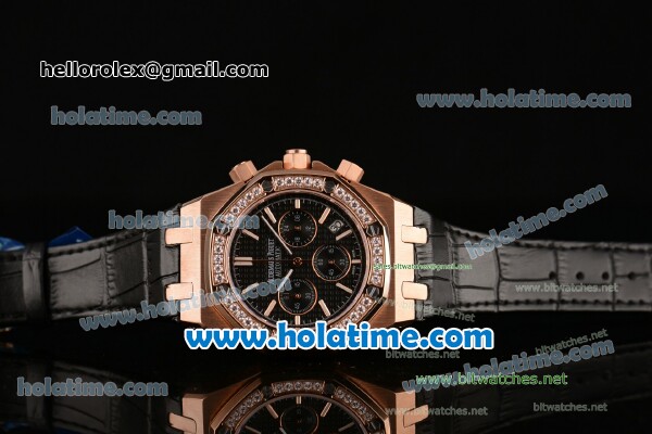 Audemars Piguet Royal Oak Chrono Miyota OS20 Quartz Rose Gold Case with Black Leather Bracelet Black Dial and Diamond Bezel - 7750 Coating - Click Image to Close